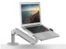 Height adjustable, articulating arm laptop mount with removable bracket for use with monitors. 